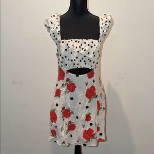 Free People White Dress with Red Floral and Black Polka Dots